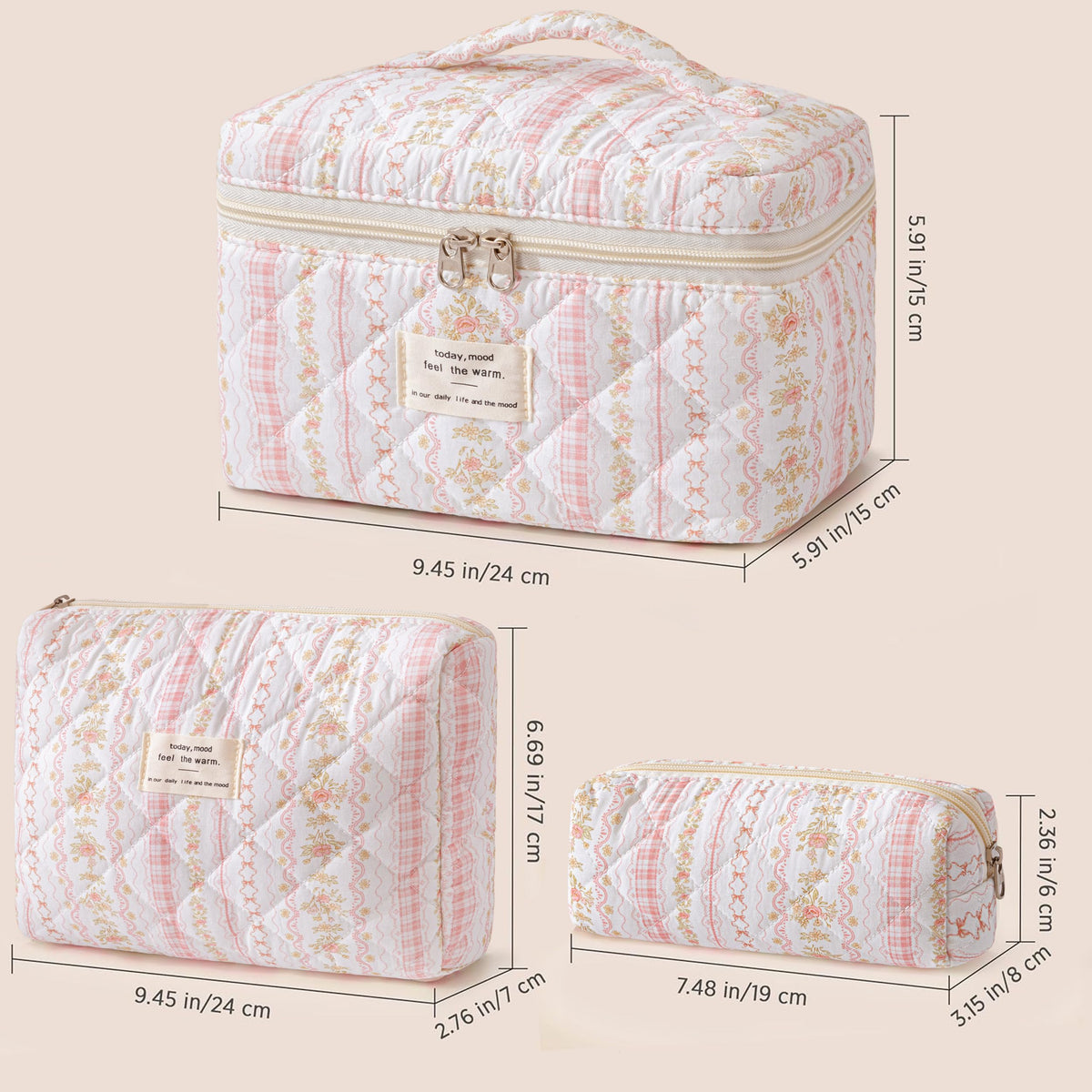 HBselect Quilted Makeup Bag Set medium bag with skincare products
