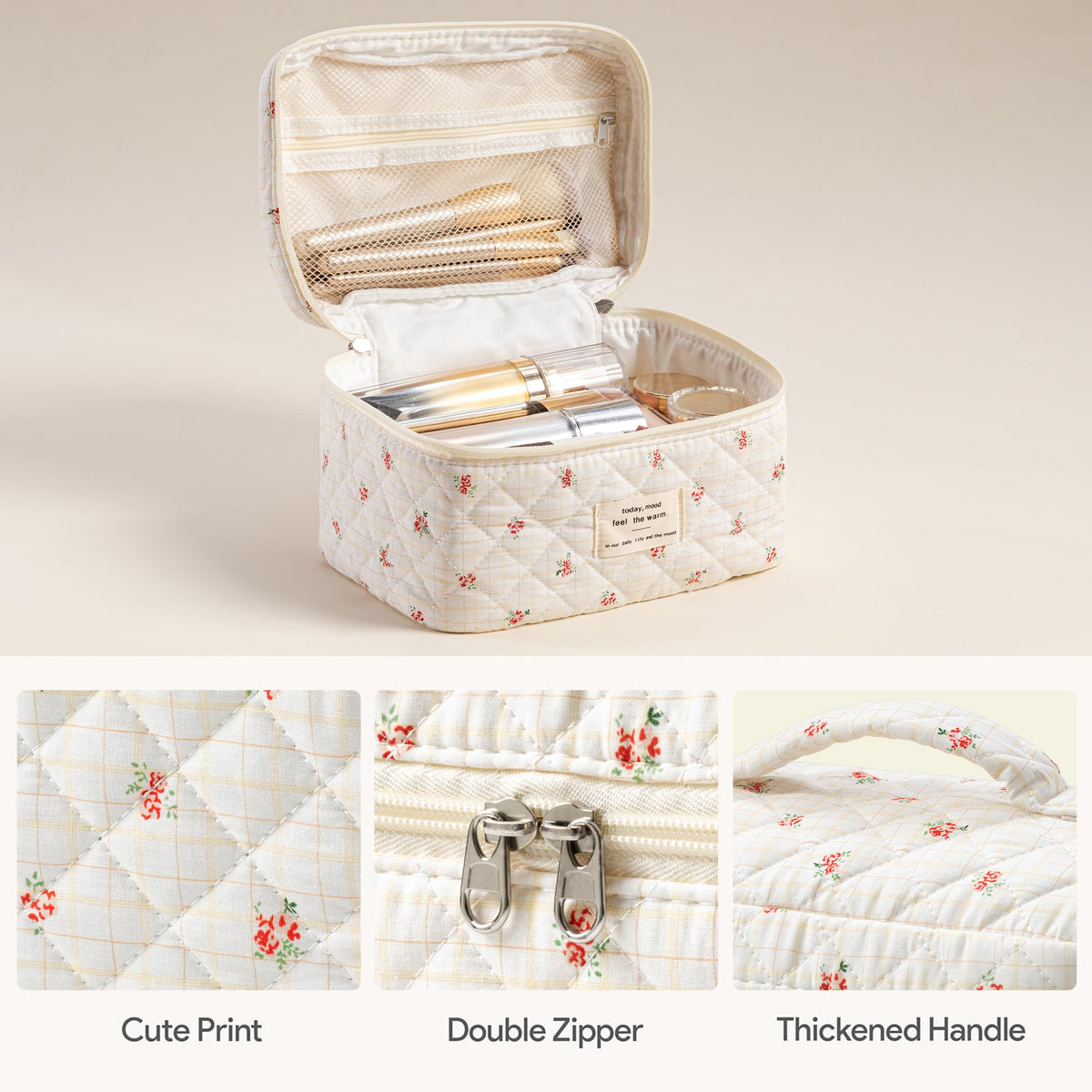 HBselect Quilted Makeup Bag Set medium size floral design side view