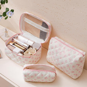 HBselect Quilted Makeup Bag Set medium size side view showcasing zipper