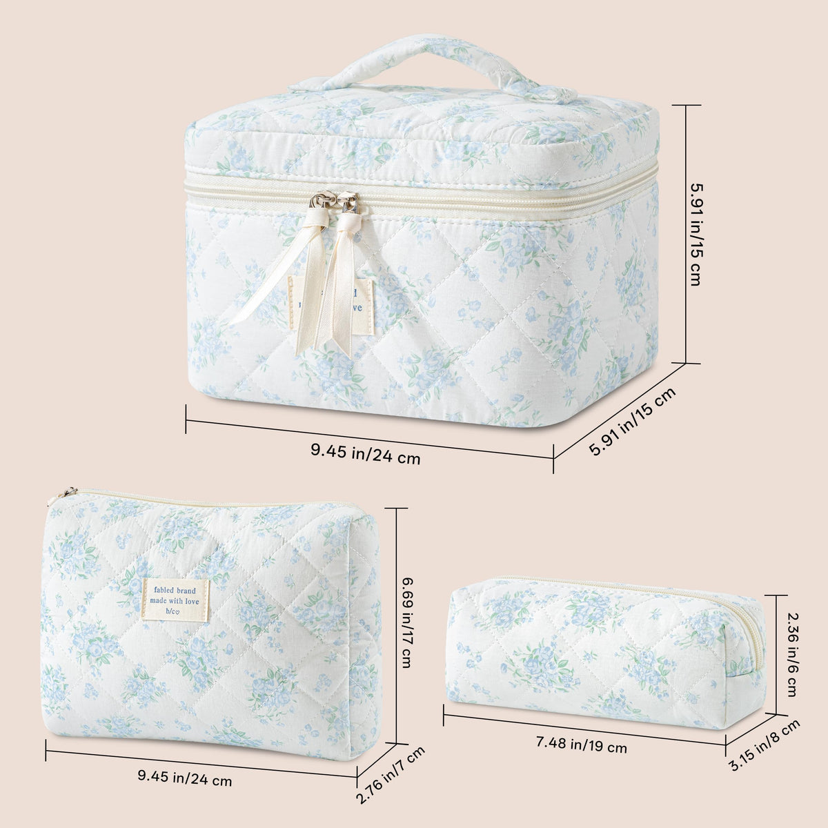 HBselect Quilted Makeup Bag Set open showing contents