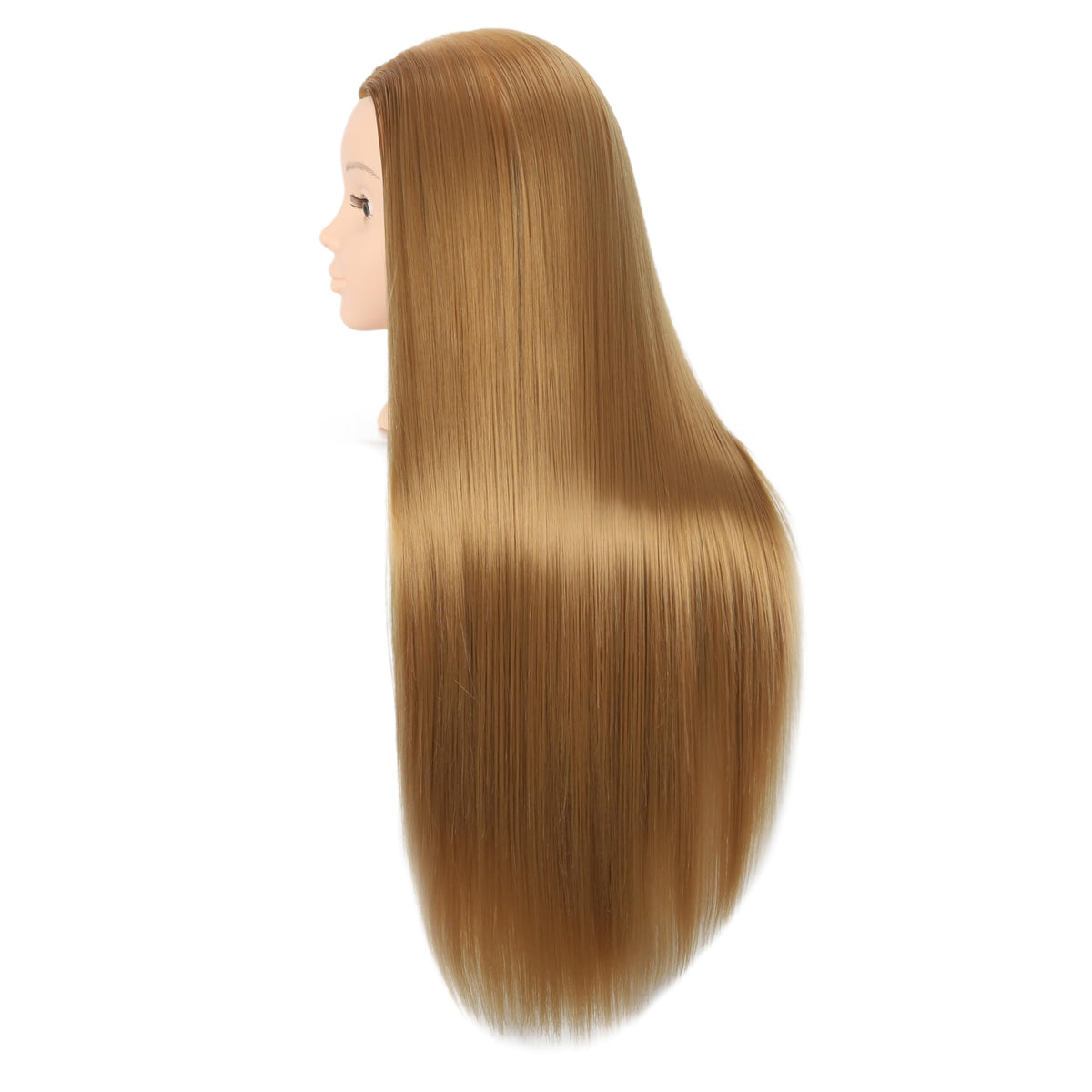 Headdoll mannequin head side view showcasing long synthetic hair