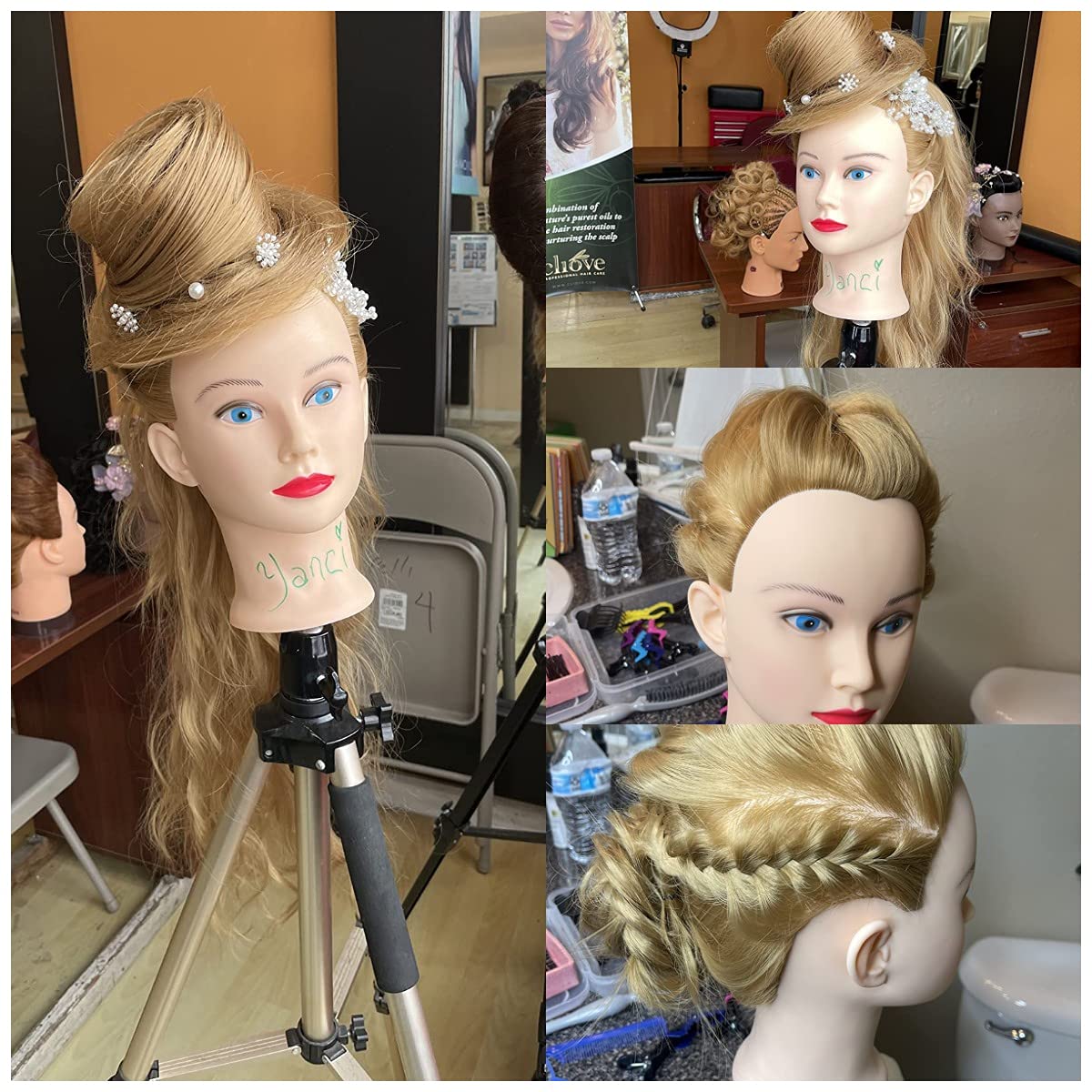 Headdoll mannequin head with table clamp stand assembled