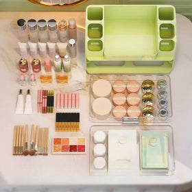 Heaime Makeup Organizer on a vanity with skincare products