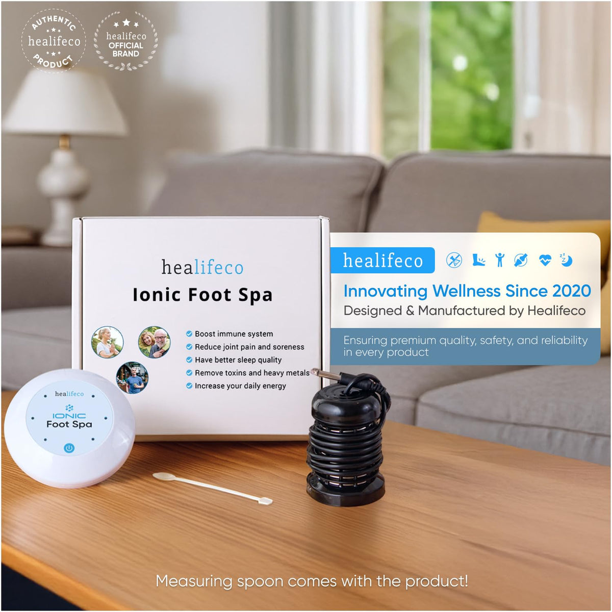Healifeco Ionic Foot Spa components including foot bath array and power adapter