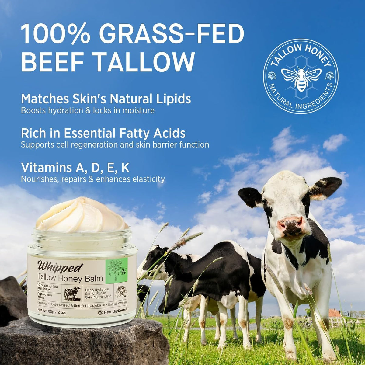 HealthyDerm Beef Tallow Honey Balm with organic ingredients