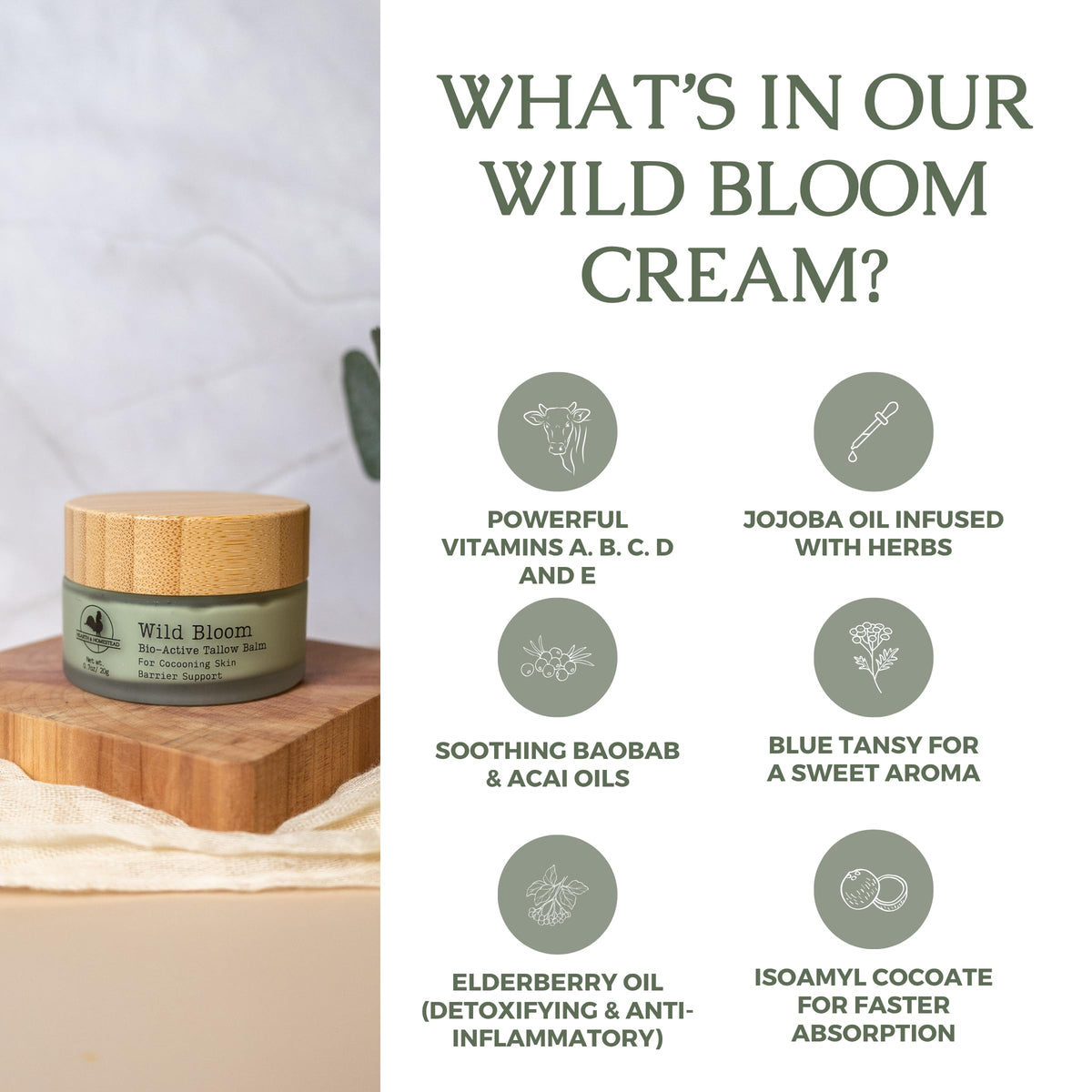Hearth and Homestead Wild Bloom Tallow Face Balm ingredients list