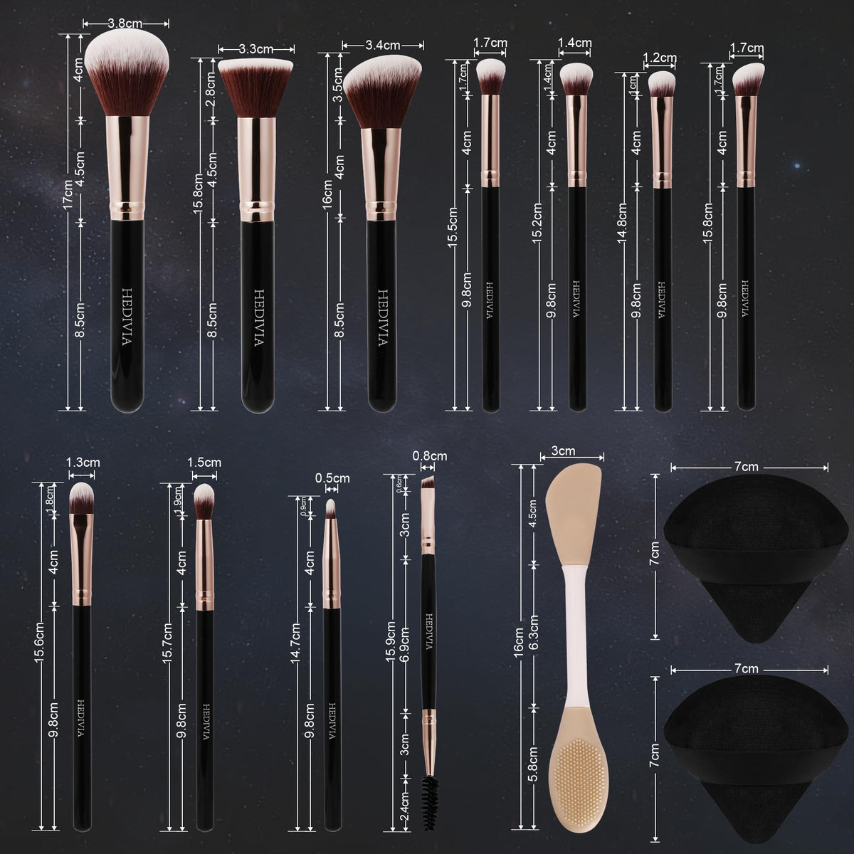 HEDIVIA complete makeup brush set layout