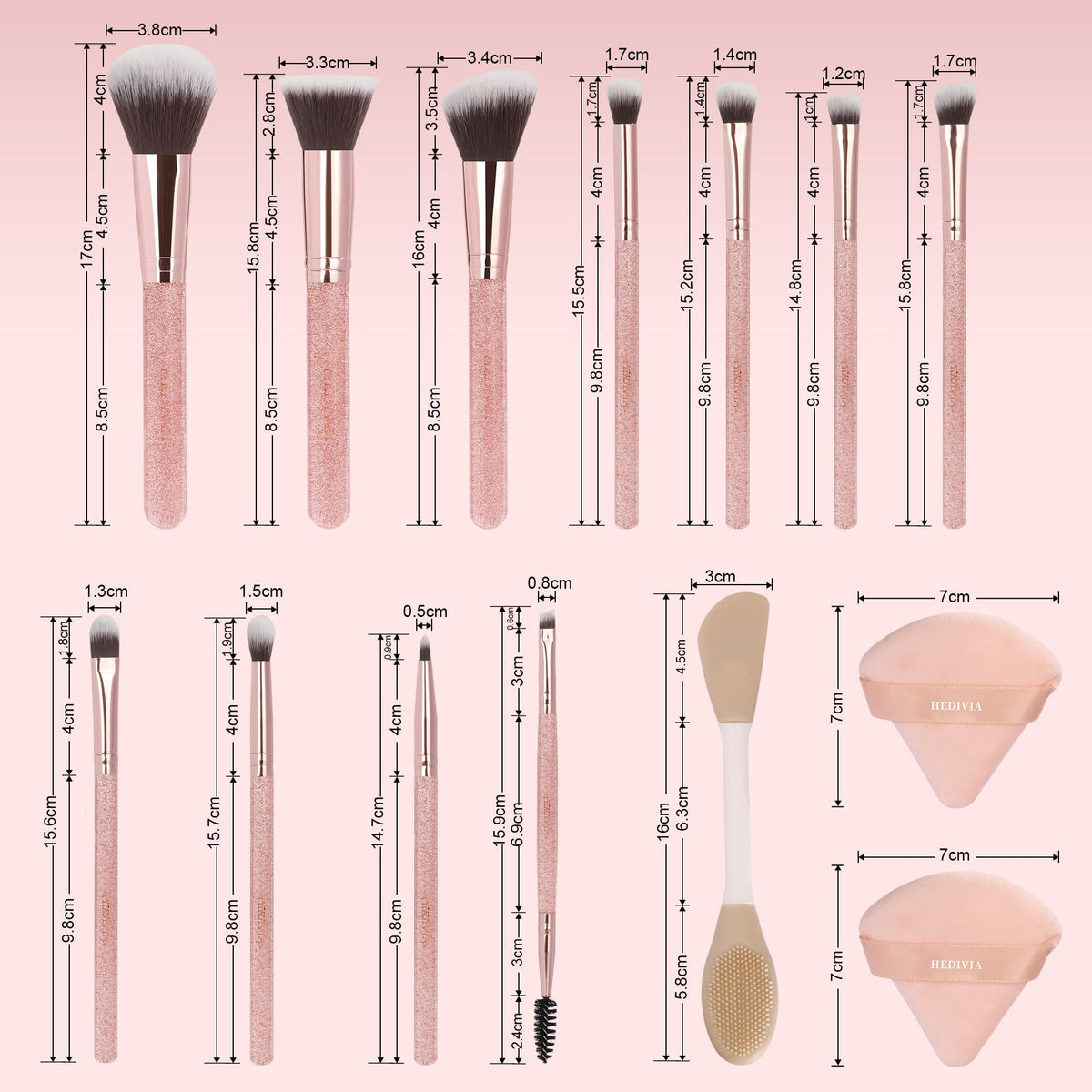 HEDIVIA makeup brushes set displayed on vanity