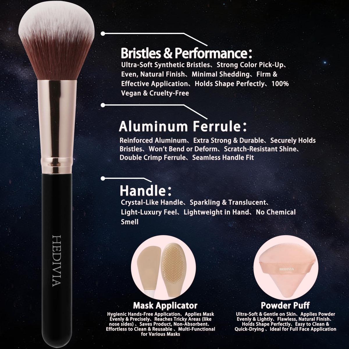 HEDIVIA makeup brushes showing premium synthetic bristles