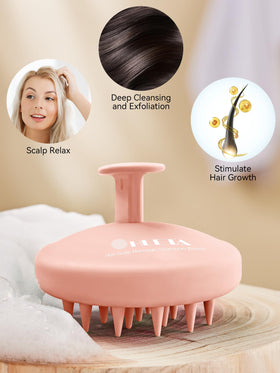 HEETA Silicone Scalp Massager displayed with shampoo