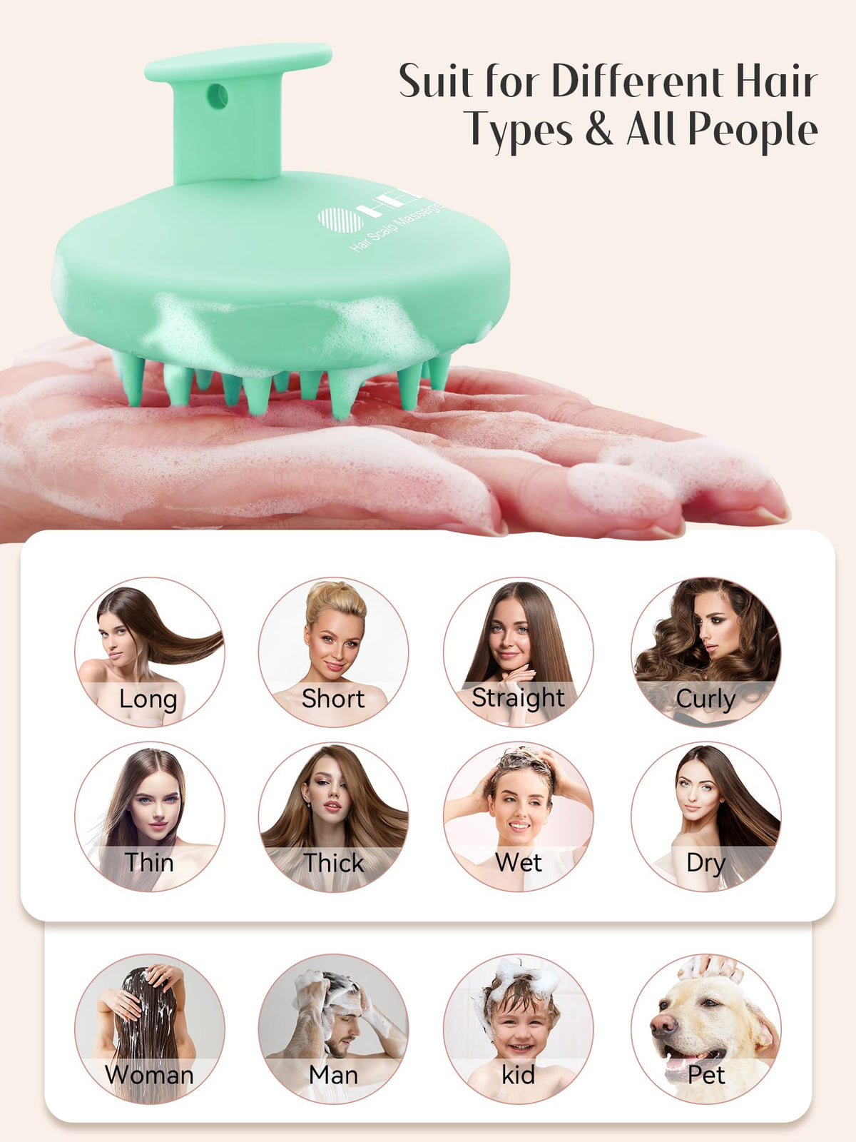 HEETA Silicone Scalp Massager in various hair types