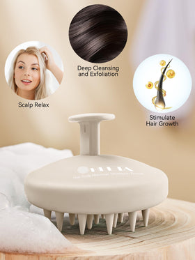 HEETA Silicone Scalp Massager on a bathroom counter
