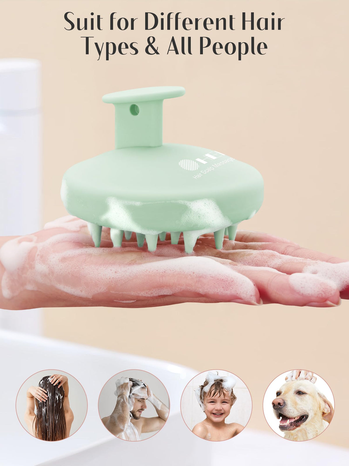 HEETA Silicone Scalp Massager on a bathroom counter