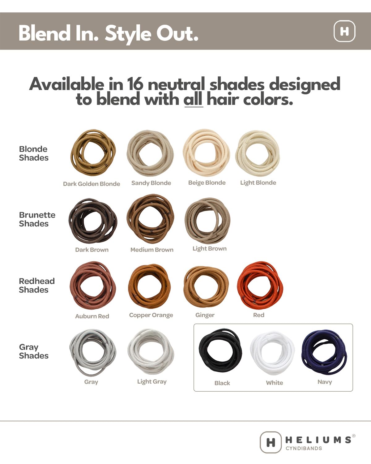 Heliums Small Hair Ties displayed on a table with various hairstyles