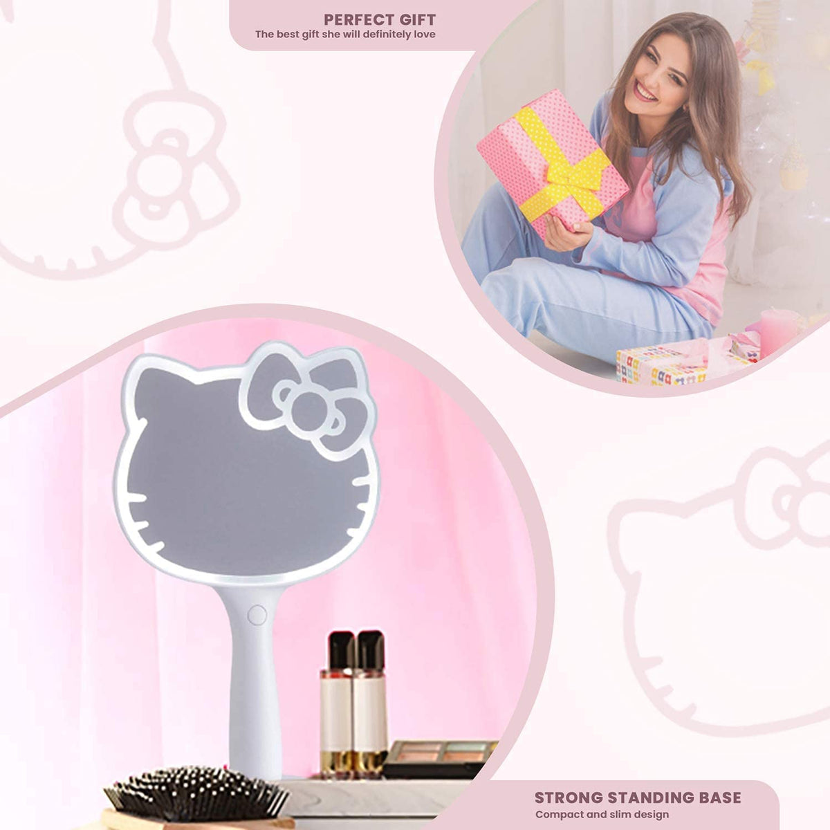 Hello Kitty LED Handheld Mirror side view showing light