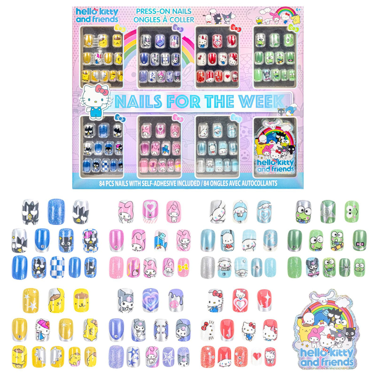 Hello Kitty Press-On Nails Set front view with vibrant nail designs