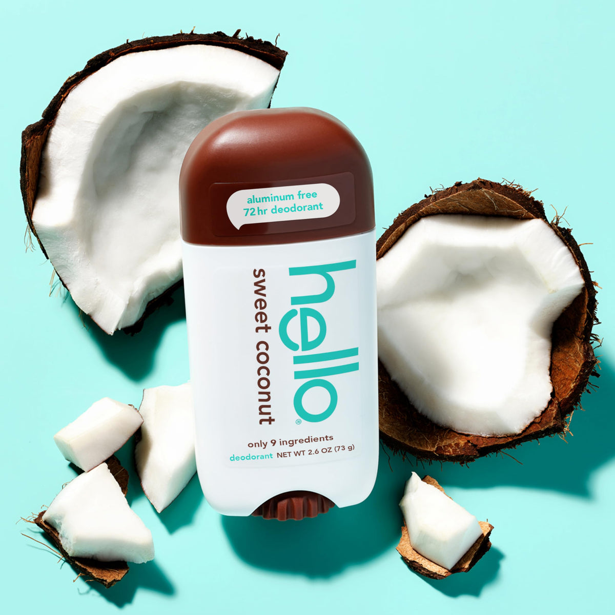 hello Sweet Coconut Aluminium Free Deodorant with tropical background