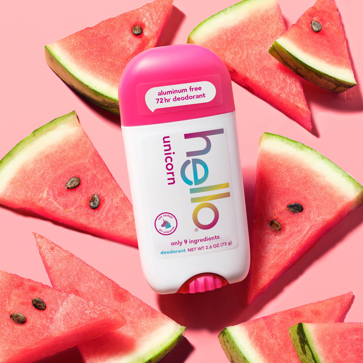 hello Unicorn Deodorant with fresh fruits background