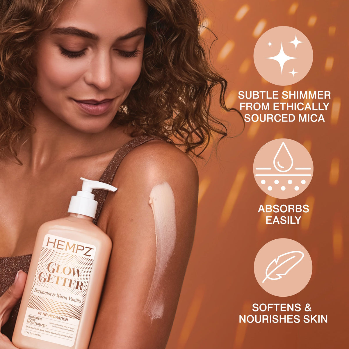 Hempz Glow Getter Body Lotion with a background of natural ingredients