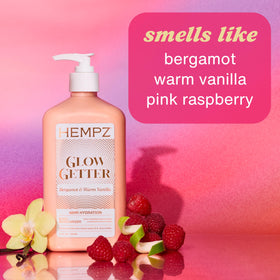 Hempz Glow Getter Body Lotion with ingredients list on packaging