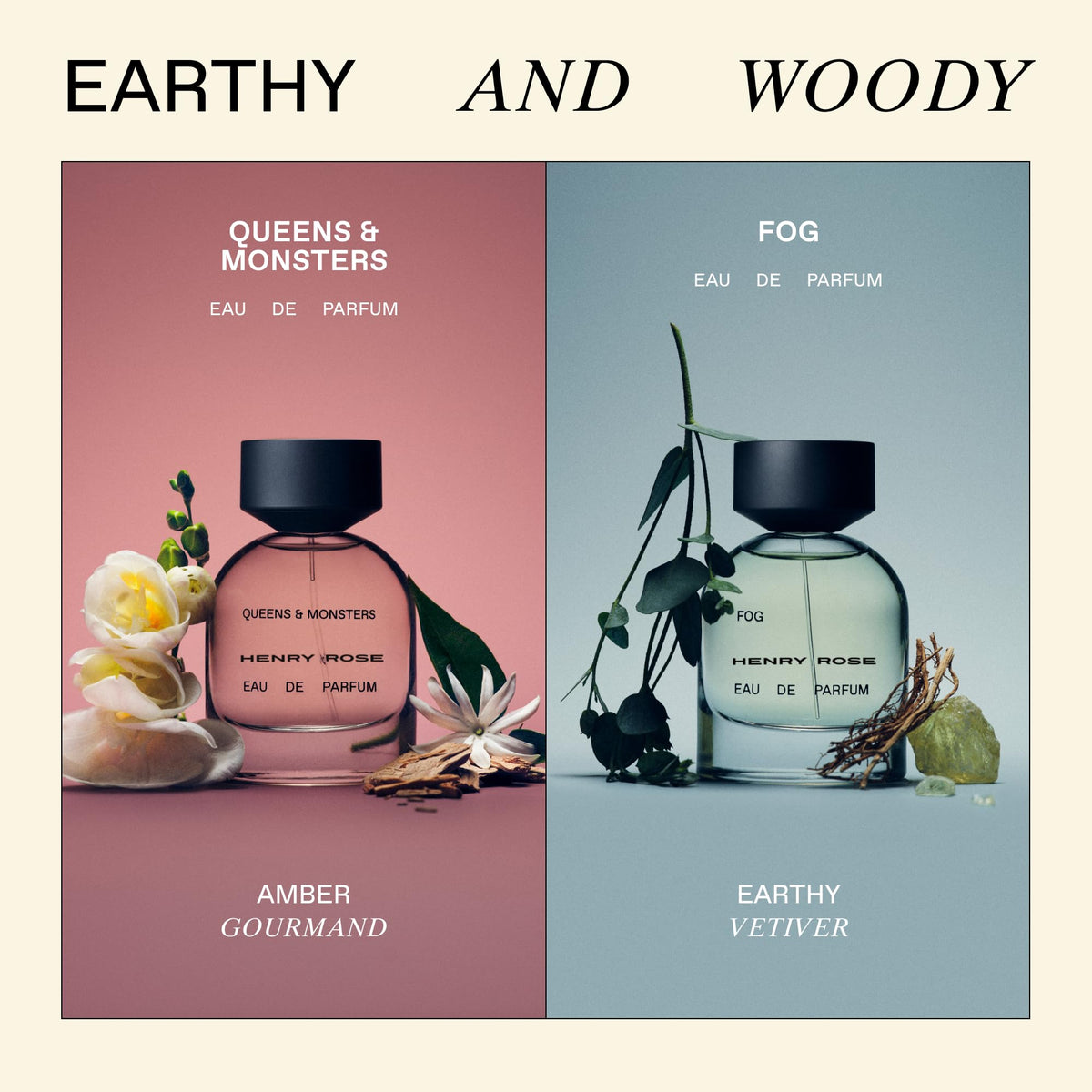 Henry Rose mini perfumes displayed with floral background