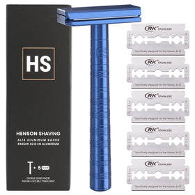 Henson Shaving Razor Steel Blue front view with blade