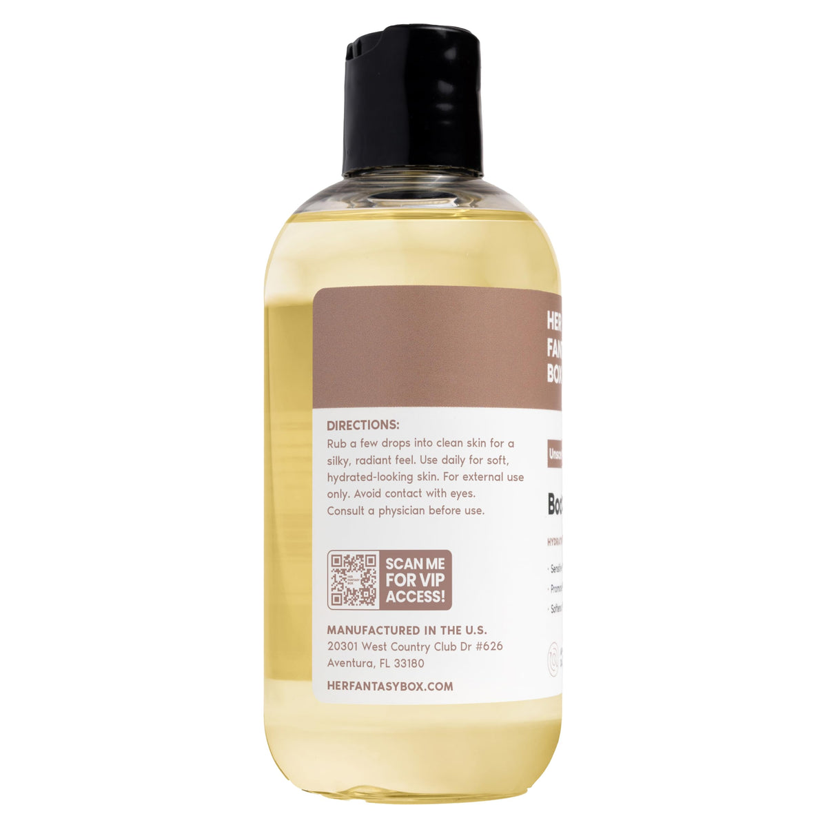 Her Fantasy Box Body Splash Hydrating Body Oil packaging with product details
