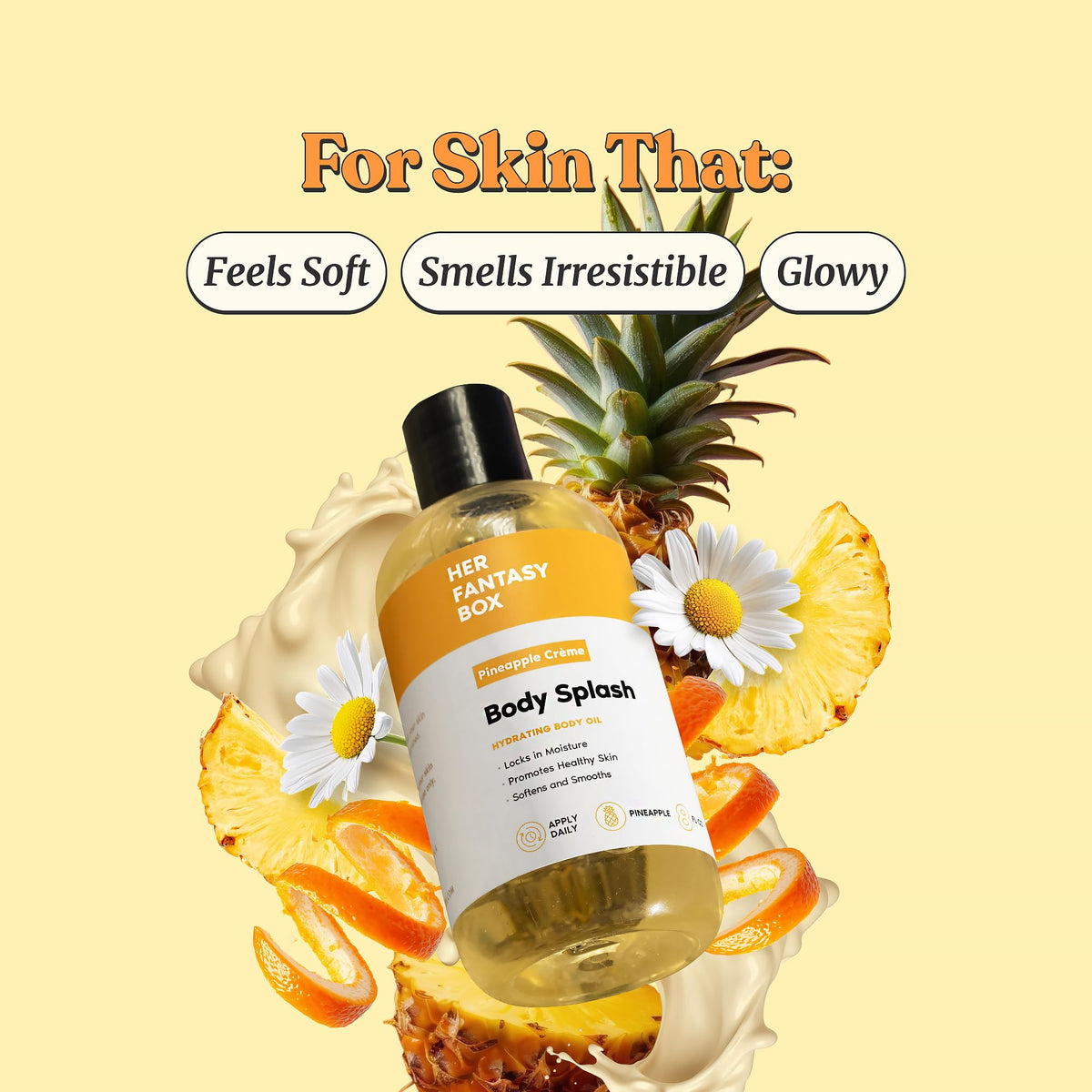 Her Fantasy Box Body Splash Hydrating Body Oil Pineapple Crème bottle side view