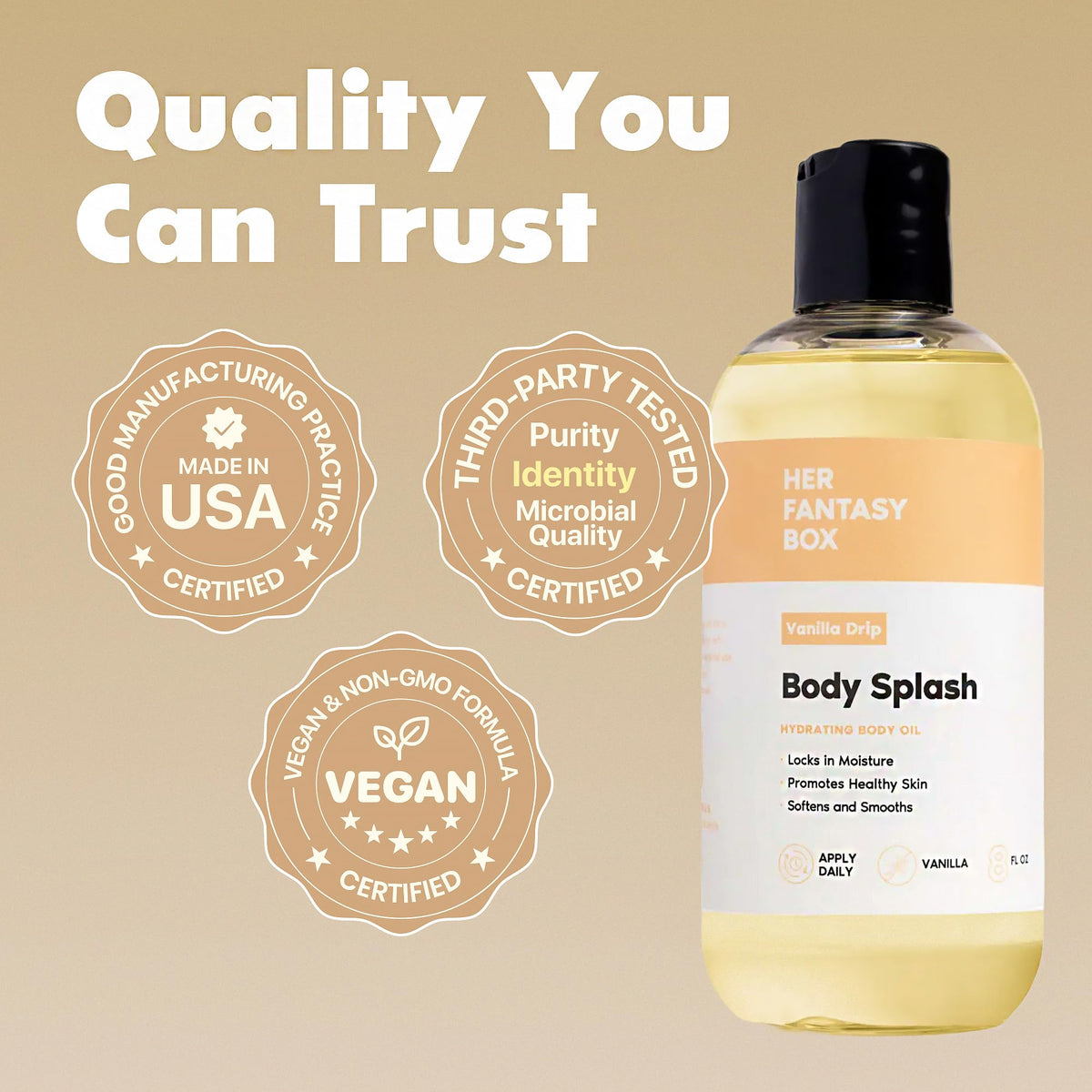 Her Fantasy Box Body Splash Vanilla Drip next to beauty products