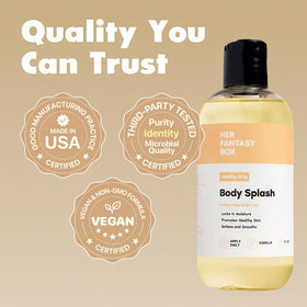 Her Fantasy Box Body Splash Vanilla Drip next to beauty products