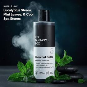 Her Fantasy Box body wash bottle side view with label
