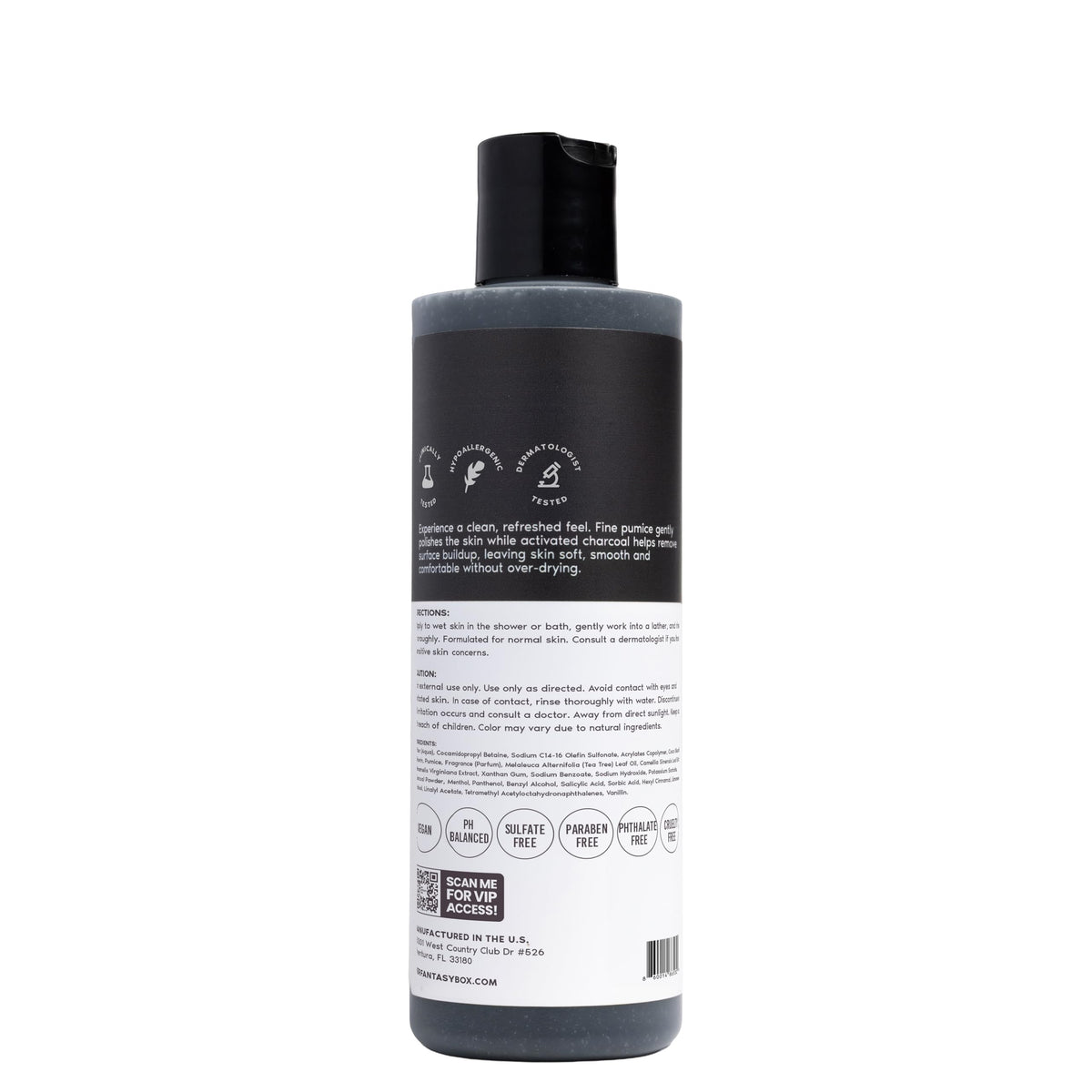 Her Fantasy Box Charcoal Detox Exfoliating Body Wash on a shower shelf