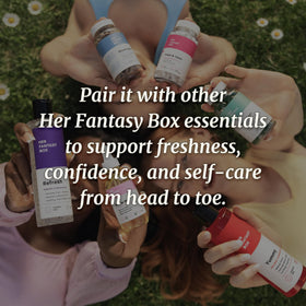 Her Fantasy Box Refresh pH Balancing Shower Gel on a bathroom shelf
