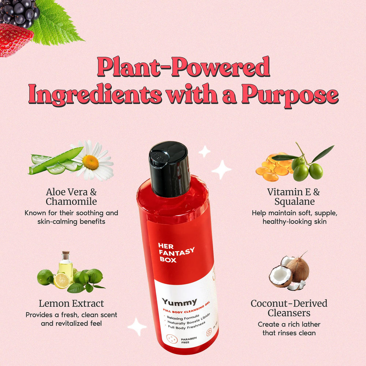 Her Fantasy Box Yummy Body Wash 8 oz bottle with ingredients