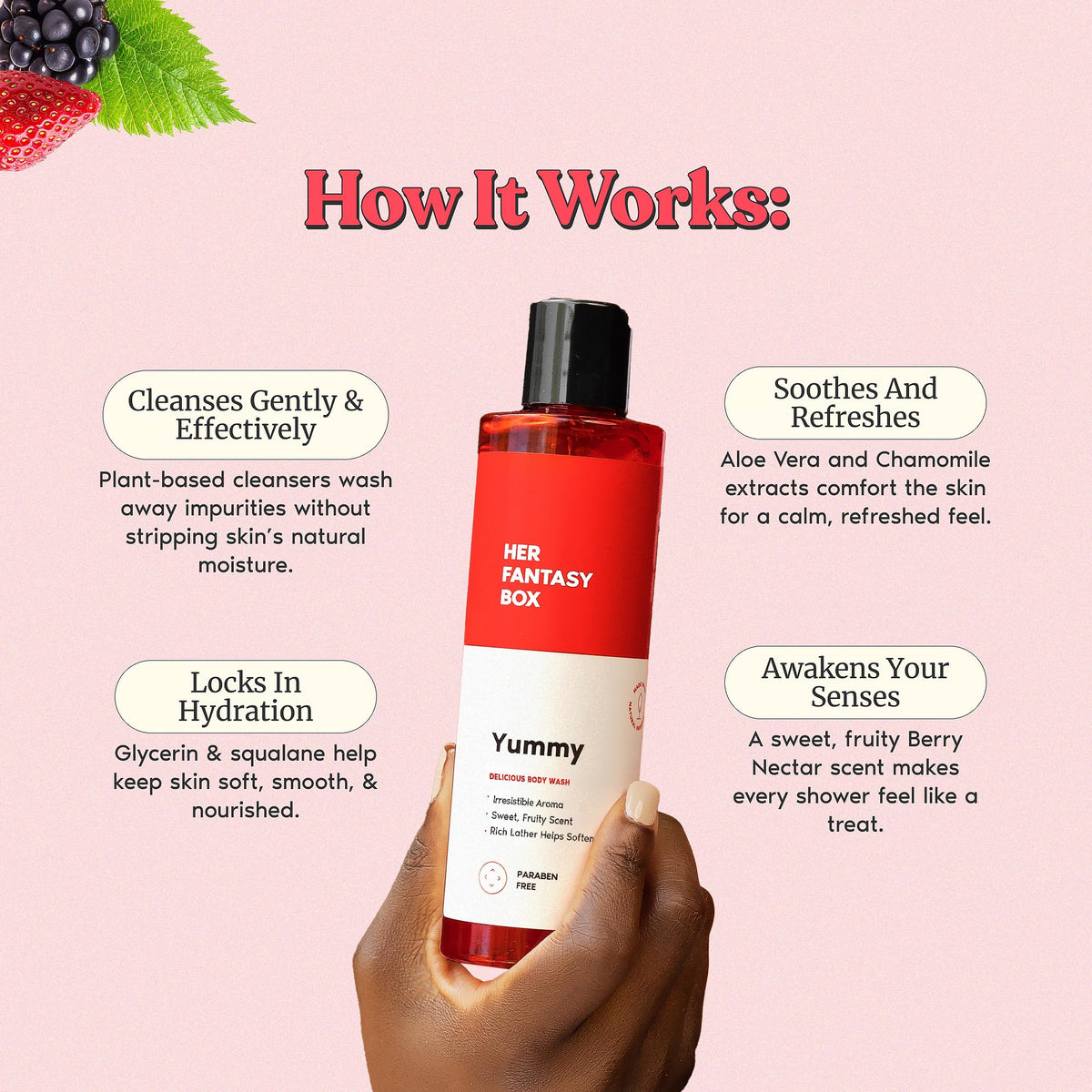 Her Fantasy Box Yummy Body Wash 8 oz in a bathroom setting