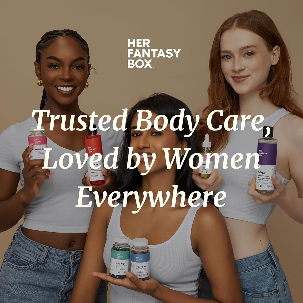 Her Fantasy Box Yummy Body Wash placed on bathroom shelf