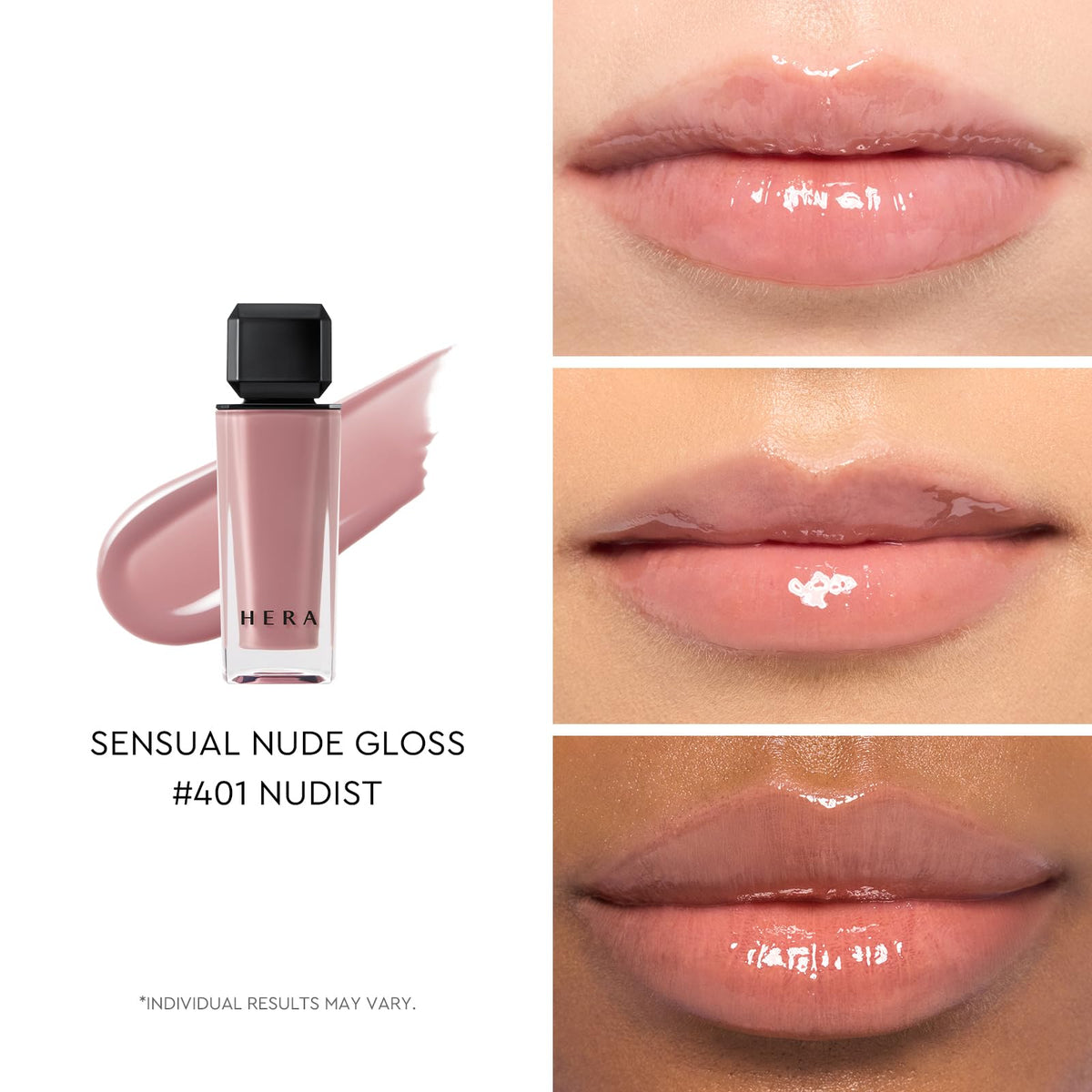 HERA Sensual Nude Lip Gloss #401 NUDIST packaging and applicator