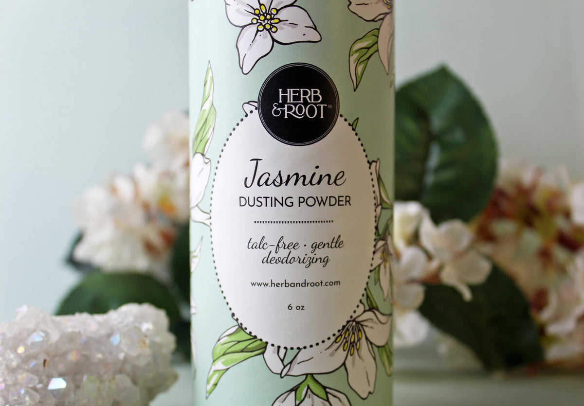 Herb & Root Jasmine Body Dusting Powder lifestyle scene on vanity