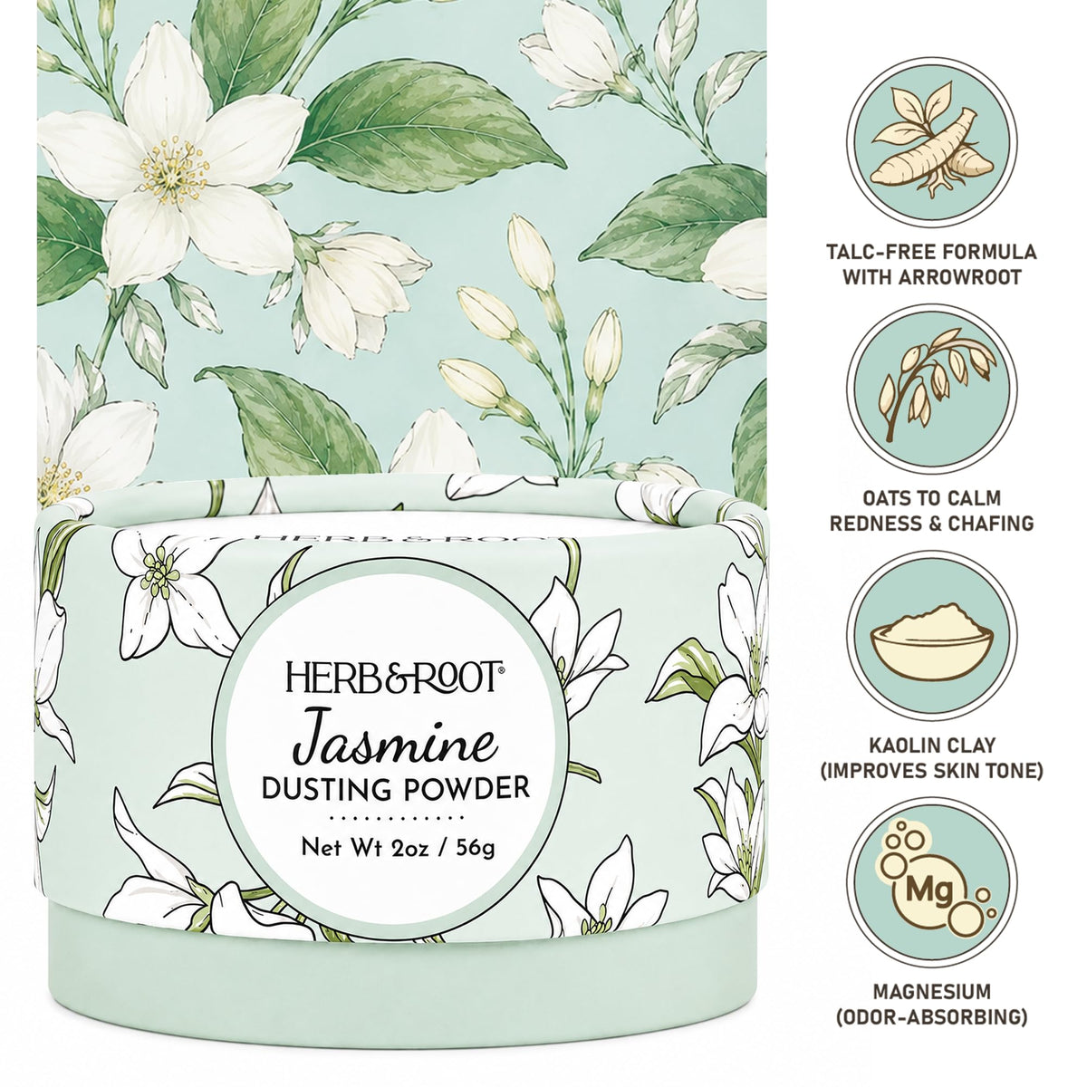 Herb & Root Jasmine Dusting Powder packaging side view