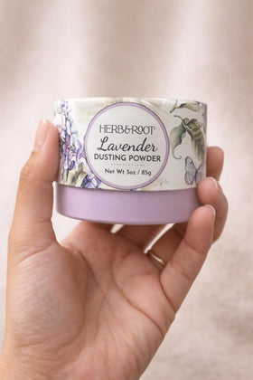 Herb & Root Lavender Dusting Powder 2 oz with a scoop