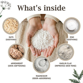 Herb & Root Sandalwood Dusting Powder being applied to skin
