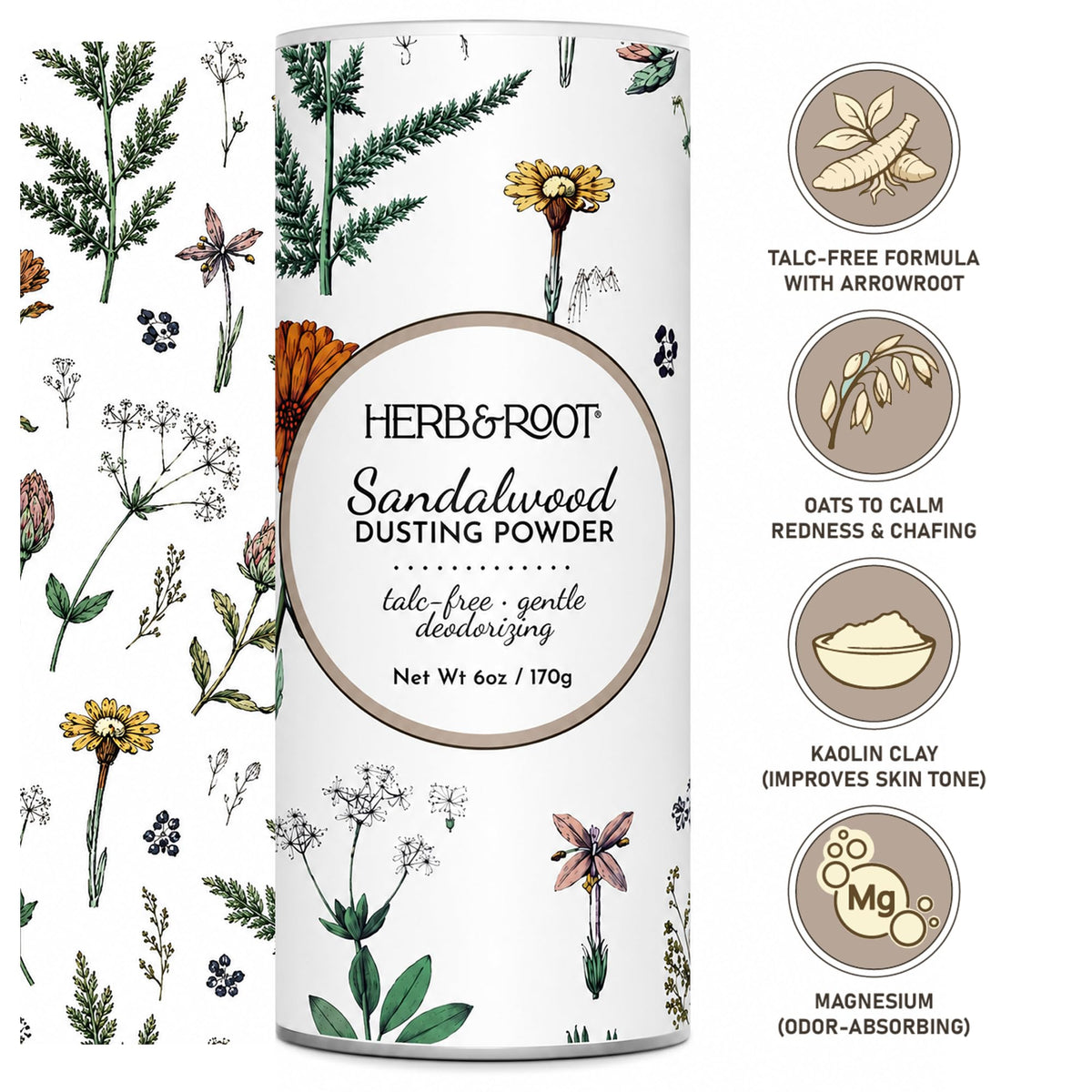 Herb & Root Sandalwood Dusting Powder packaging side view