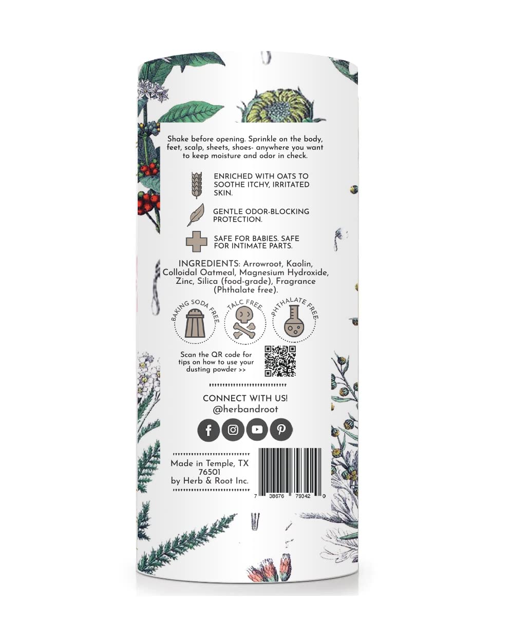 Herb & Root Sandalwood Dusting Powder with fresh linens