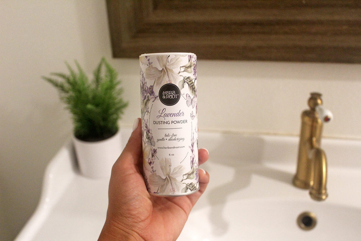 Herb & Root Talc Free Body Dusting Powder Lavender on clean sheets