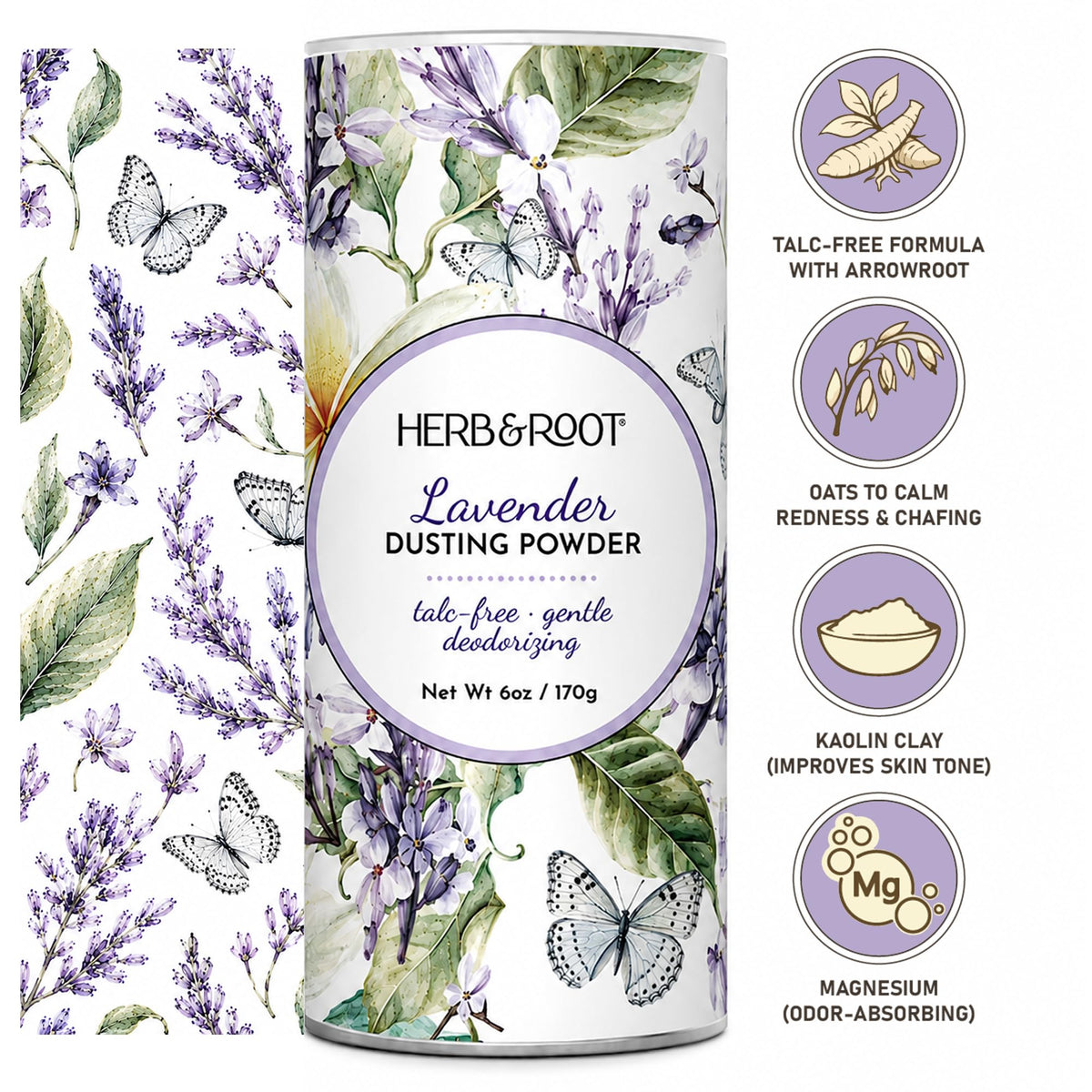 Herb & Root Talc Free Body Dusting Powder Lavender packaging side view
