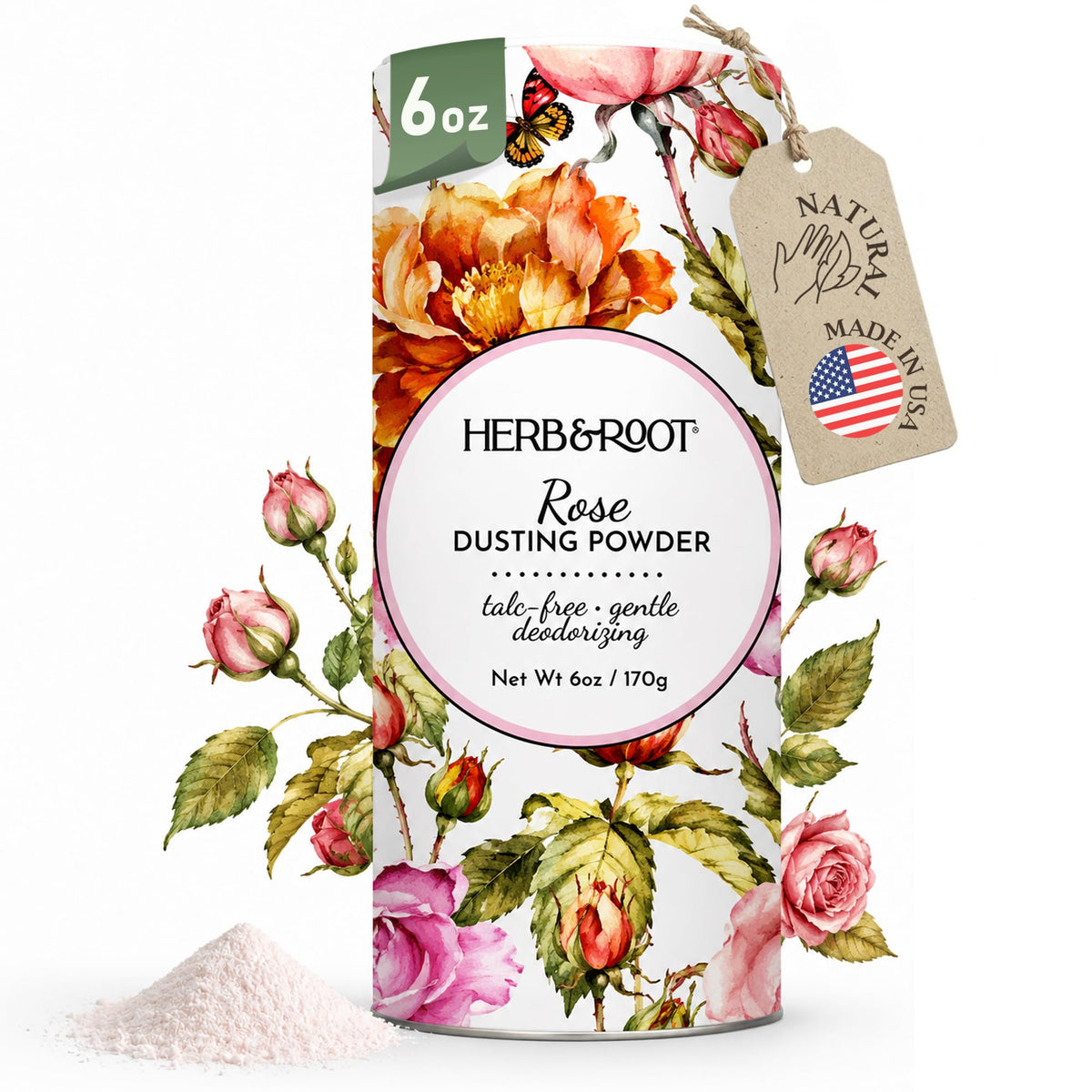 Herb & Root Talc Free Body Dusting Powder Rose front view