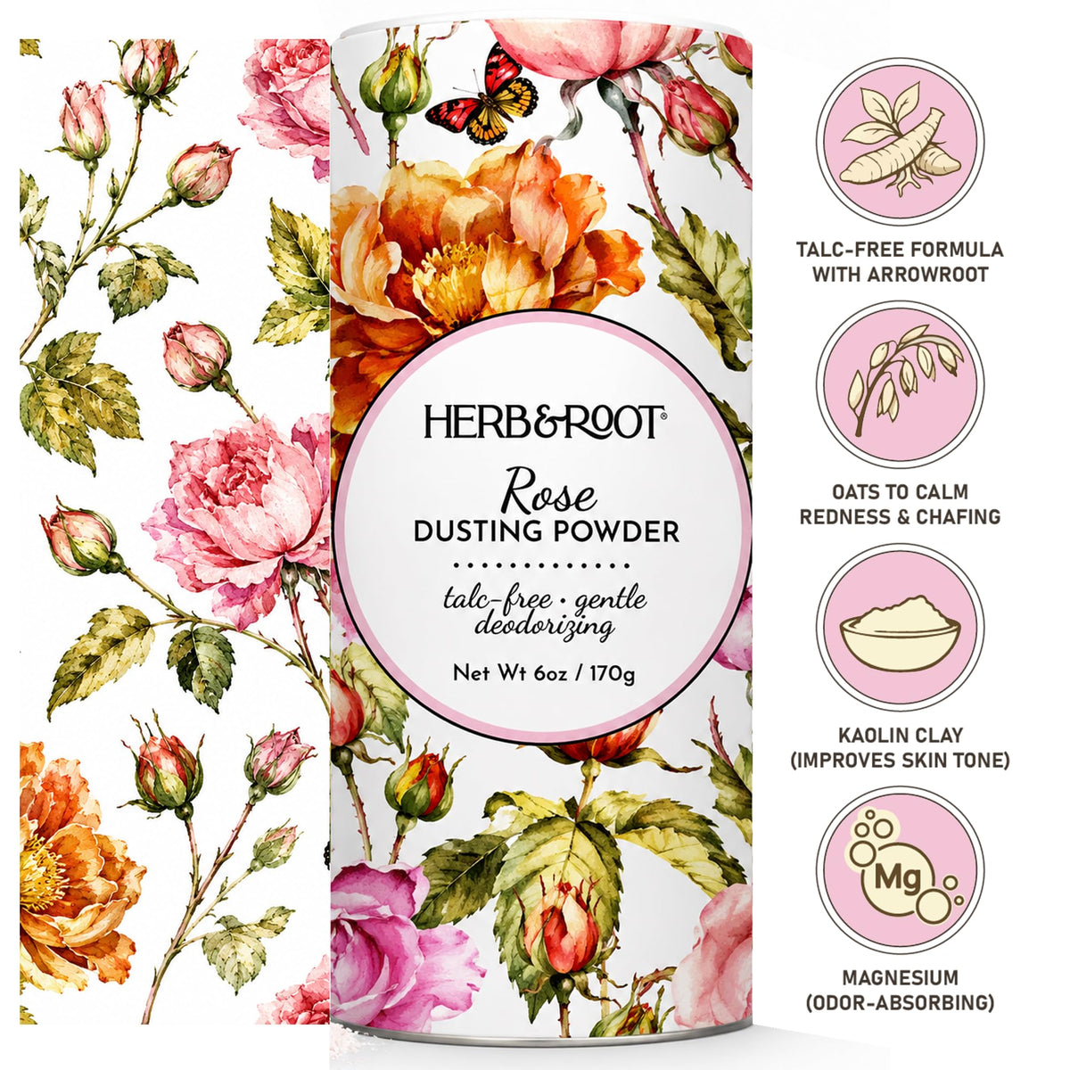Herb & Root Talc Free Body Dusting Powder Rose packaging