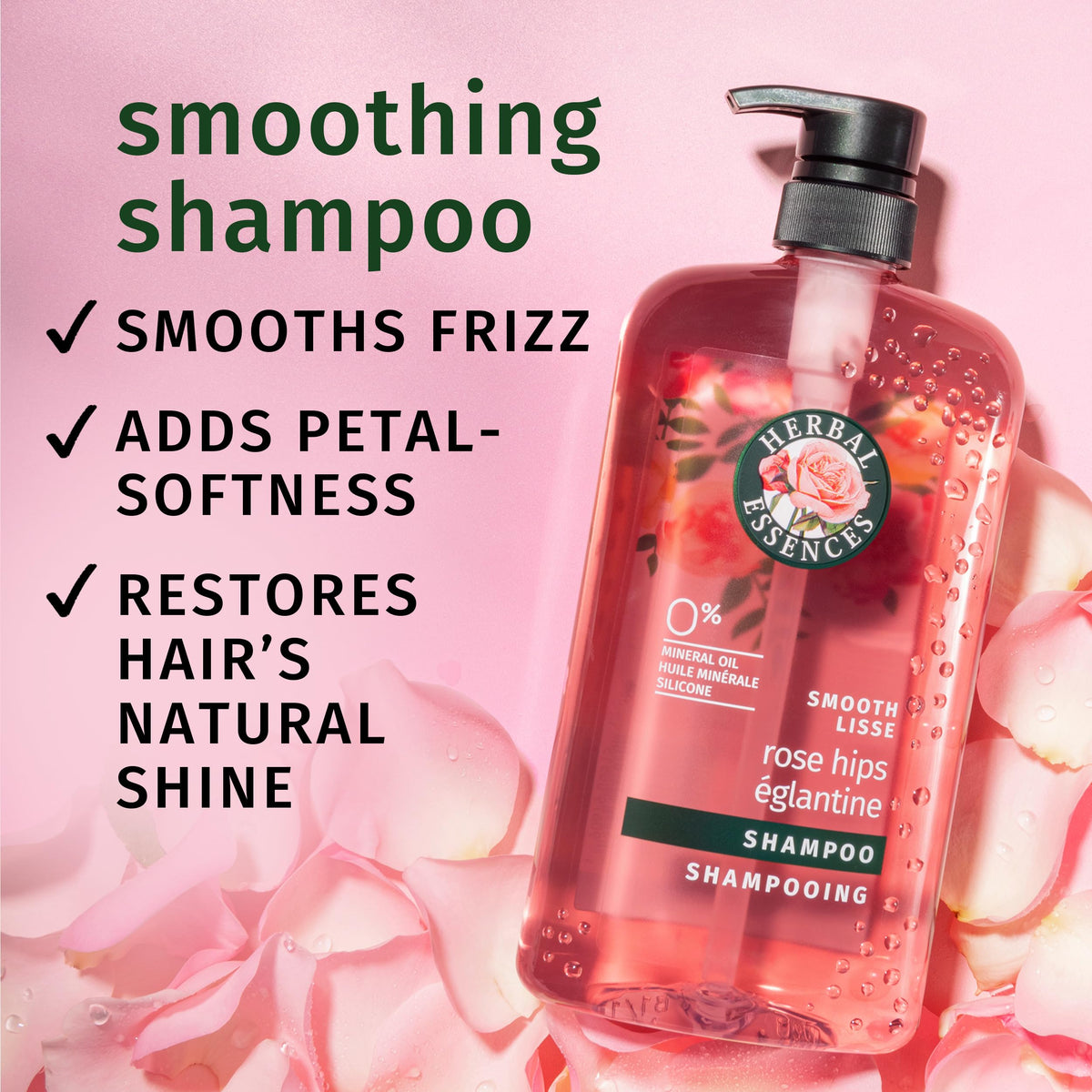 Herbal Essences Rose Hips Smooth Shampoo back view with ingredient list