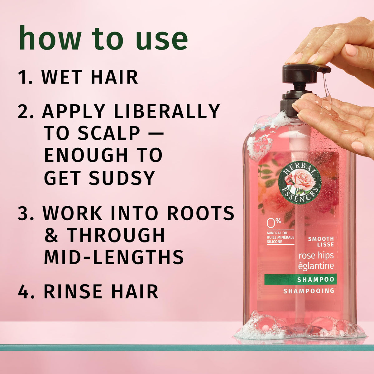 Herbal Essences Rose Hips Smooth Shampoo in bathroom setting