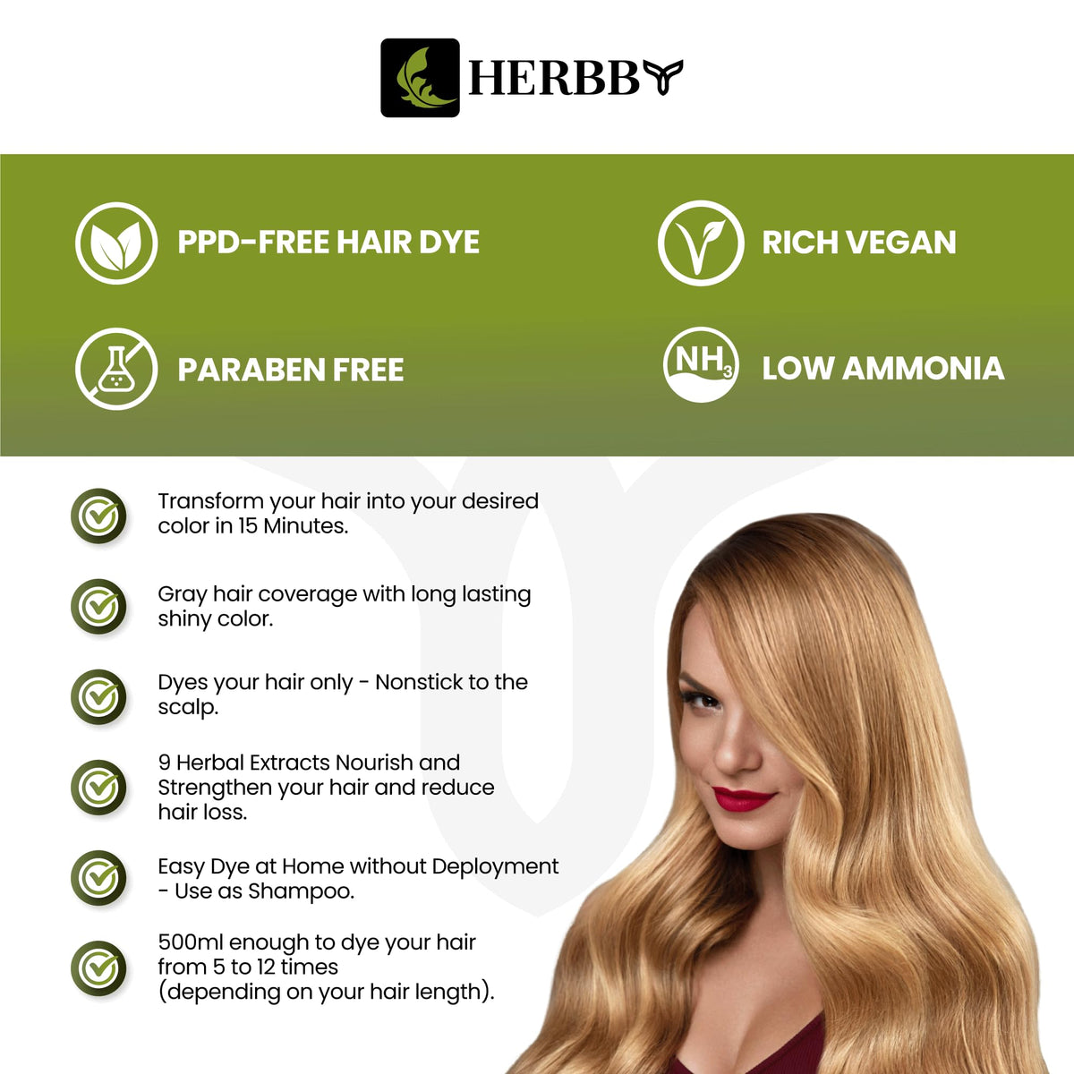 HERBBY Hair Color Shampoo 500ml back view with usage instructions